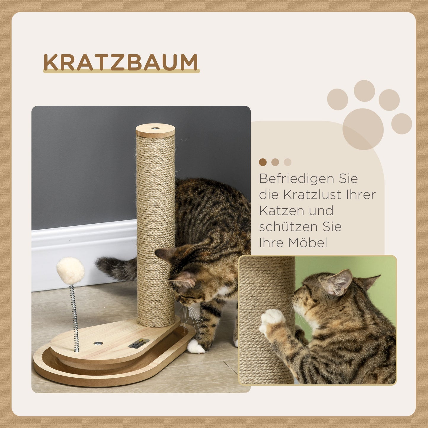 HOMCOM Kratzbaum für Kitten inkl. Spielzeug, Kugelbahn, Kugel mit Feder, 35 cm x 23 cm x 40 cm, Natur