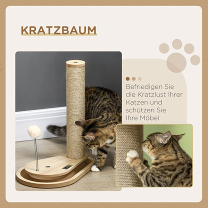 HOMCOM Kratzbaum für Kitten inkl. Spielzeug, Kugelbahn, Kugel mit Feder, 35 cm x 23 cm x 40 cm, Natur