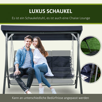 Outsunny Hollywoodschaukel Gartenschaukel, 3 Personen, verstellbares Sonnendach, 198 x 118 x 168 cm, Dunkelgrau