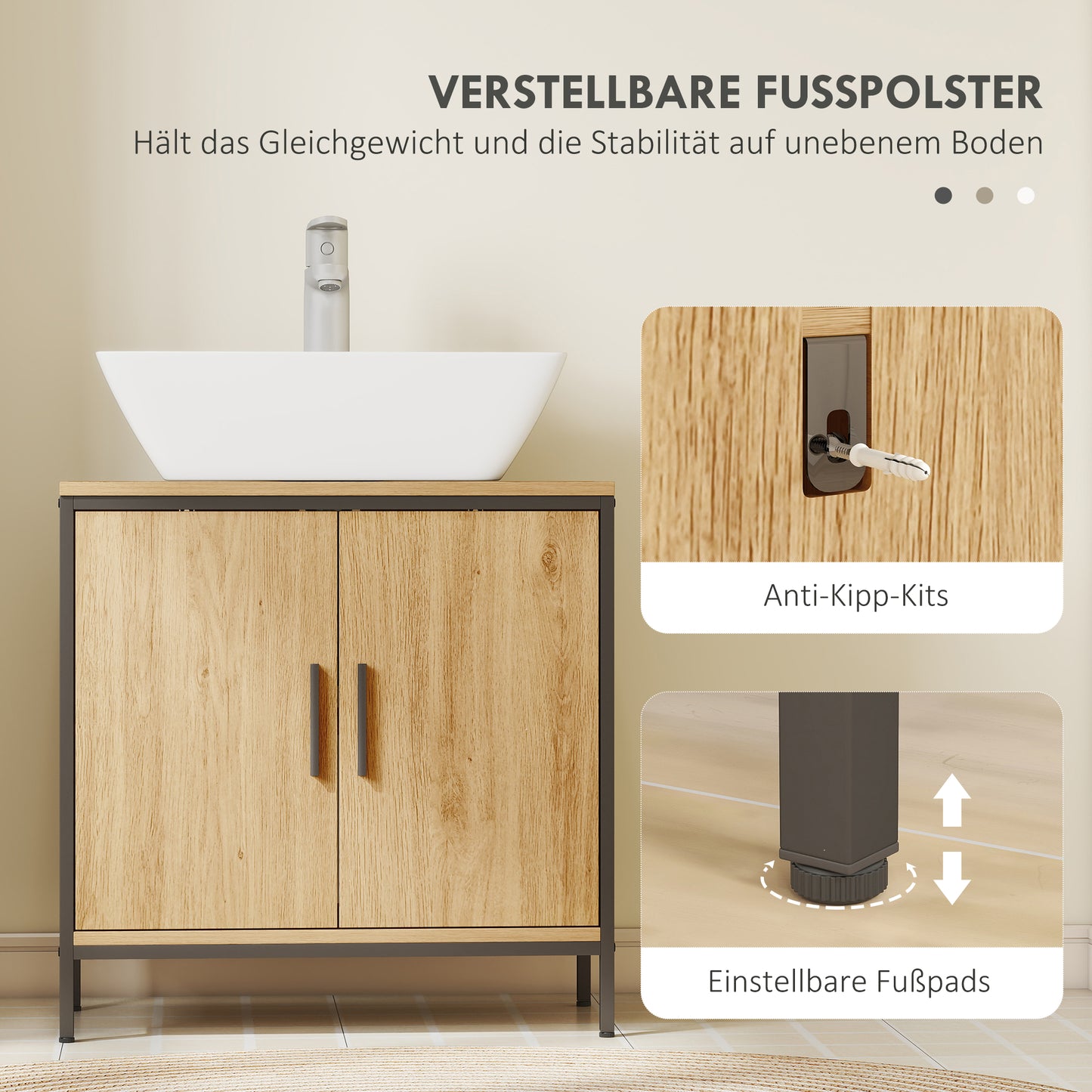 HOMCOM Waschbeckenunterschrank, Unterschrank mit 2 Türen, einstellbarem Regal, 60x30x60 cm Badezimmerschrank mit Stahlrahmen, für Waschbecken ohne Sockel, Eiche