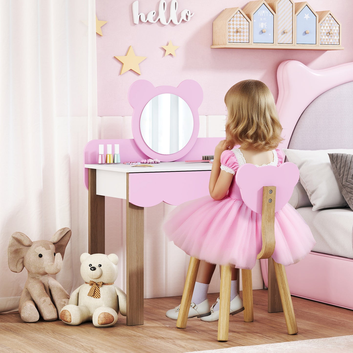 AIYAPLAY Frisiertisch-Set mit Hocker für Kinder, Schminkspiegel, Bärchenform, Schublade, MDF, Rosa