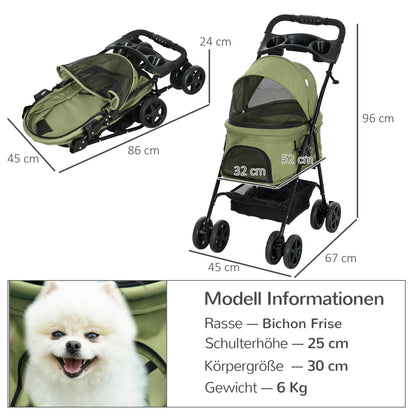 PawHut Hundewagen Hundebuggy, klappbar, 2 Sicherheitsleinen, 2 Becherhalter, 67 x 45 x 96 cm, Khaki