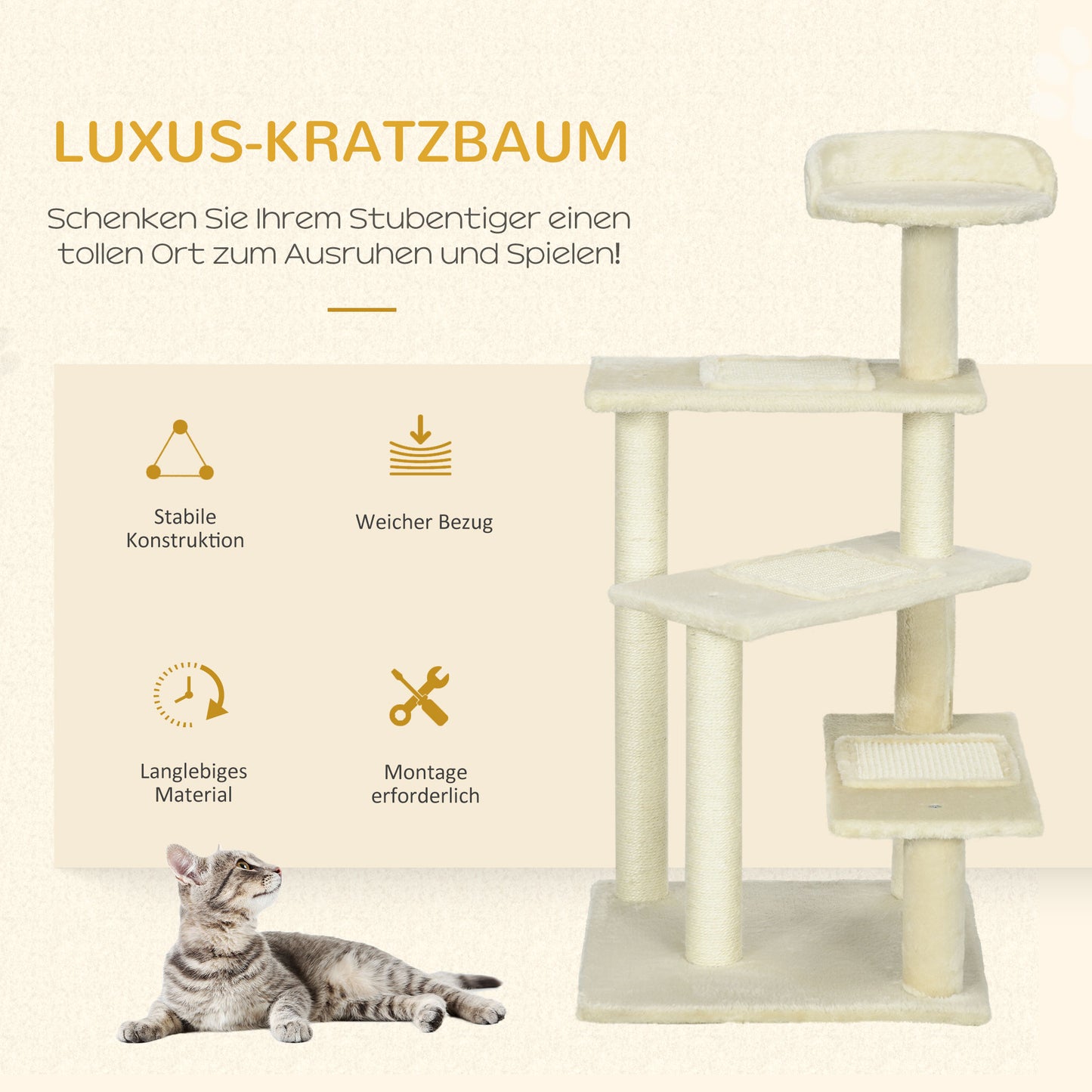 PawHut Kratzbaum 100 cm Katzenturm mit Sisalstämme, große Plattform, mehrstöckiger Katzenkratzbaum, Kletterbaum, für small &amp; mittelgroße Katzen, Beige