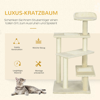 PawHut Kratzbaum 100 cm Katzenturm mit Sisalstämme, große Plattform, mehrstöckiger Katzenkratzbaum, Kletterbaum, für small &amp; mittelgroße Katzen, Beige
