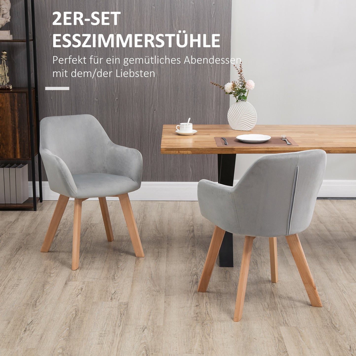 HOMCOM 2er-Set Stühle, Esszimmerstühle, Samtoptik, Holzbeine, 54 cm x 57 cm x 80 cm, Grau + Natur