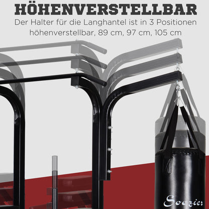 HOMCOM Kraftstation mit Klimmzugstange, Multifunktionale Dip-Station, Trainings-Gerät für Zuhause, mit Boxsack, Fitness, Stahl, Schwarz, 180 x 183 x 219 cm