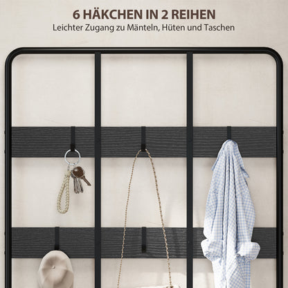 HOMCOM 3-in-1 Garderobenständer, Kleiderhaken, Sitzbank, Schuhregal, Metall, Spanplatte, Schwarz