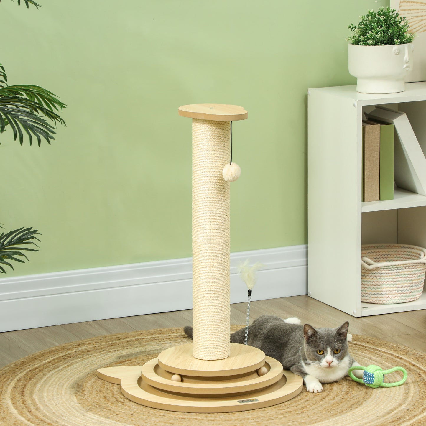 PawHut Katzenkratzbaum, 69 cm, Sisal-Kratzpfosten, Kugelbahn, Spielball, Spielfeder, 4-in-1-Design, Cremeweiß