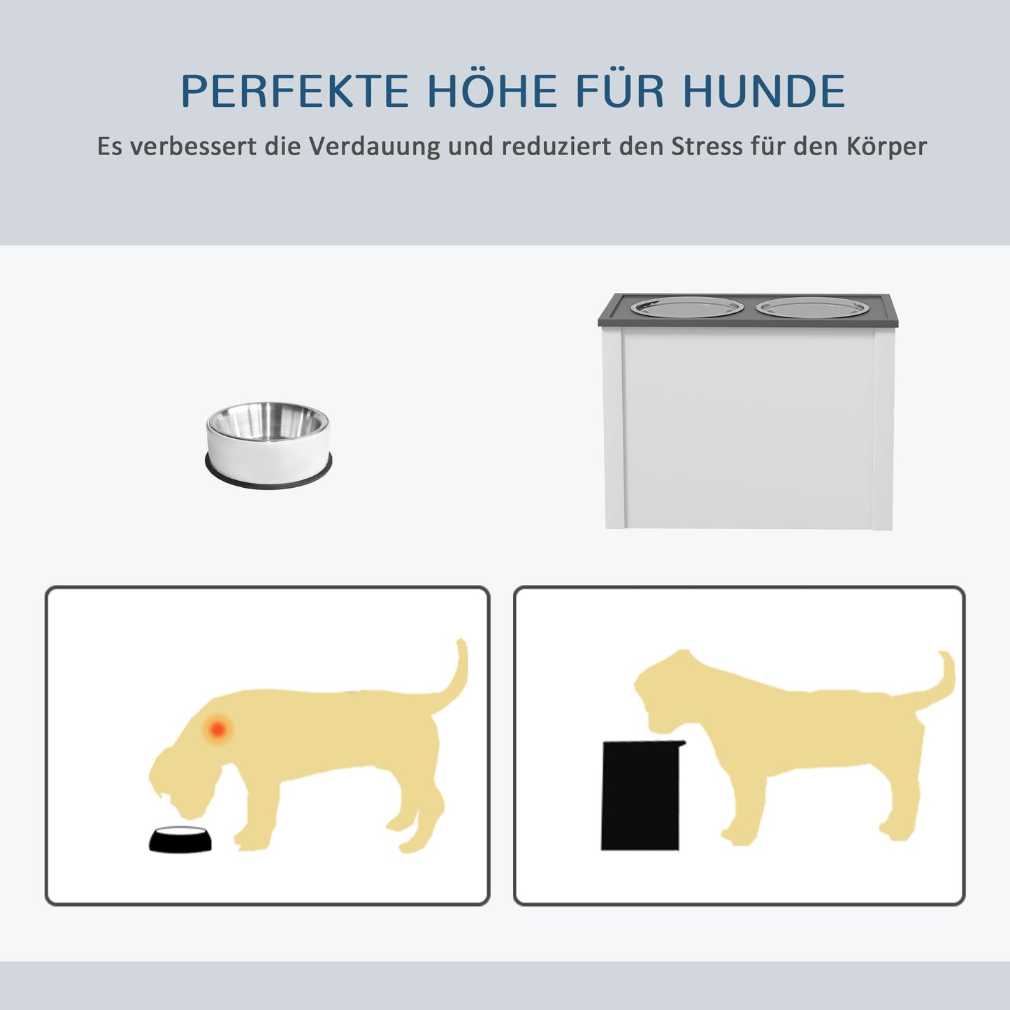 PawHut Futterstation Erhöhte Fressnäpfe 1 Staurum 2 Edelstahl-Futternäpfe, 60 x 30 x 42cm, Weiß + Grau