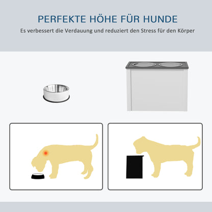 PawHut Futterstation Erhöhte Fressnäpfe 1 Staurum 2 Edelstahl-Futternäpfe, 60 x 30 x 42cm, Weiß + Grau