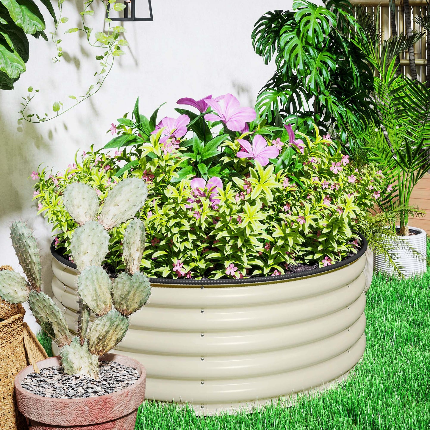 Outsunny Hochbeet, Verzinkter Pflanzkübel mit Sicherheitsrand, Pflanzbox mit offenem Boden, 120 x 120 x 43 cm, Cremeweiß