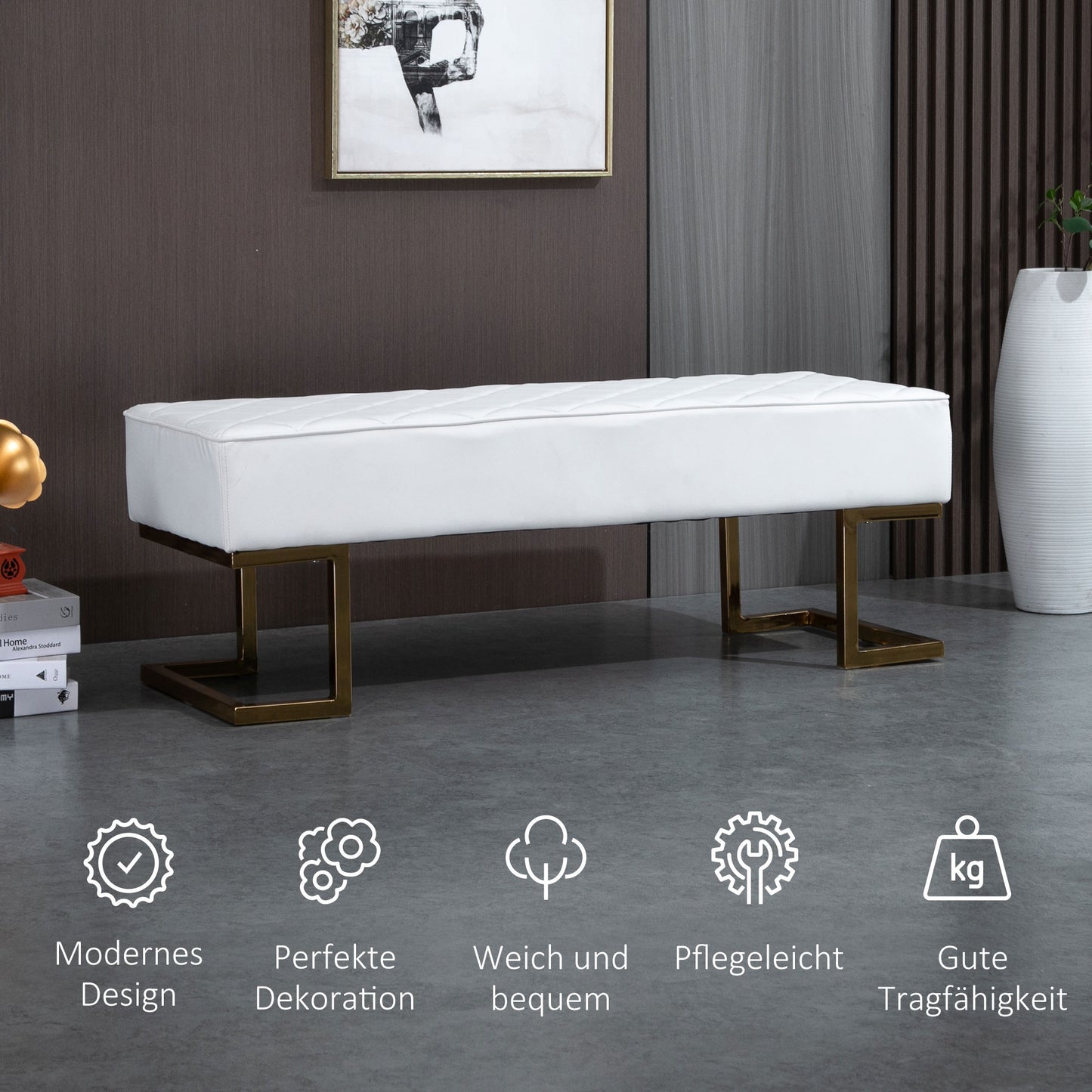 HOMCOM Sitzbank für Schlafzimmer Truhenbank Bettbank Wohnzimmer Kunstleder Metall Weiß+Gold 120 x 43 x 42 cm