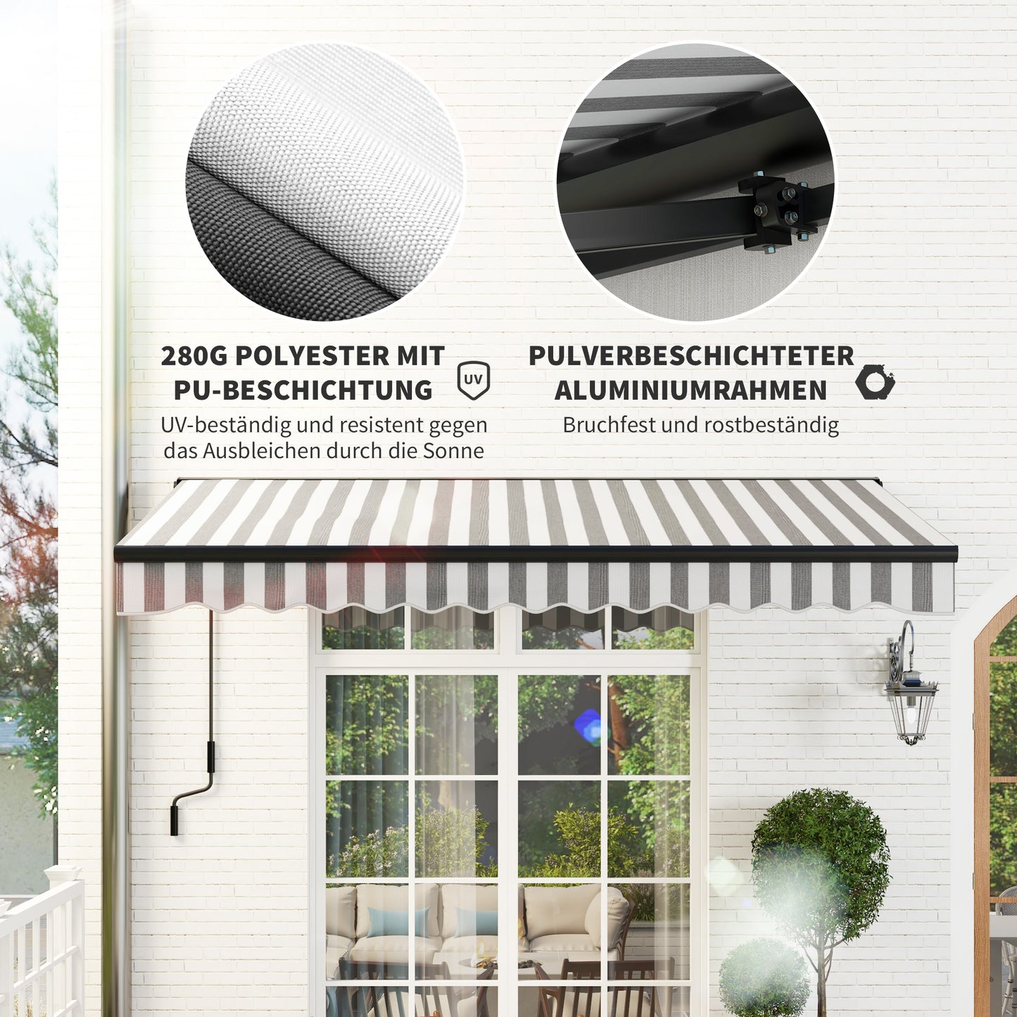 Outsunny Sonnenmarkise Markise Terrassenmarkise, wetterbeständig, 1 Handkurbel, 350 x 250 x 150 cm, Grau + Weiß