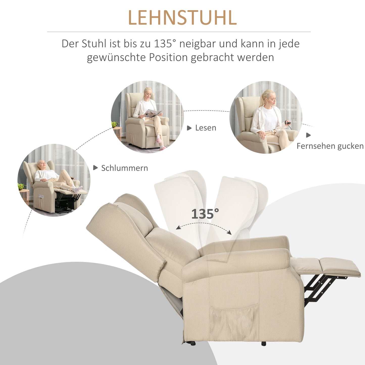 HOMCOM Relaxsessel mit Liegefunktion elektrisch, Seniorensessel mit Aufstehhilfe, , bis 200kg, 72,5x94x109cm, Creme