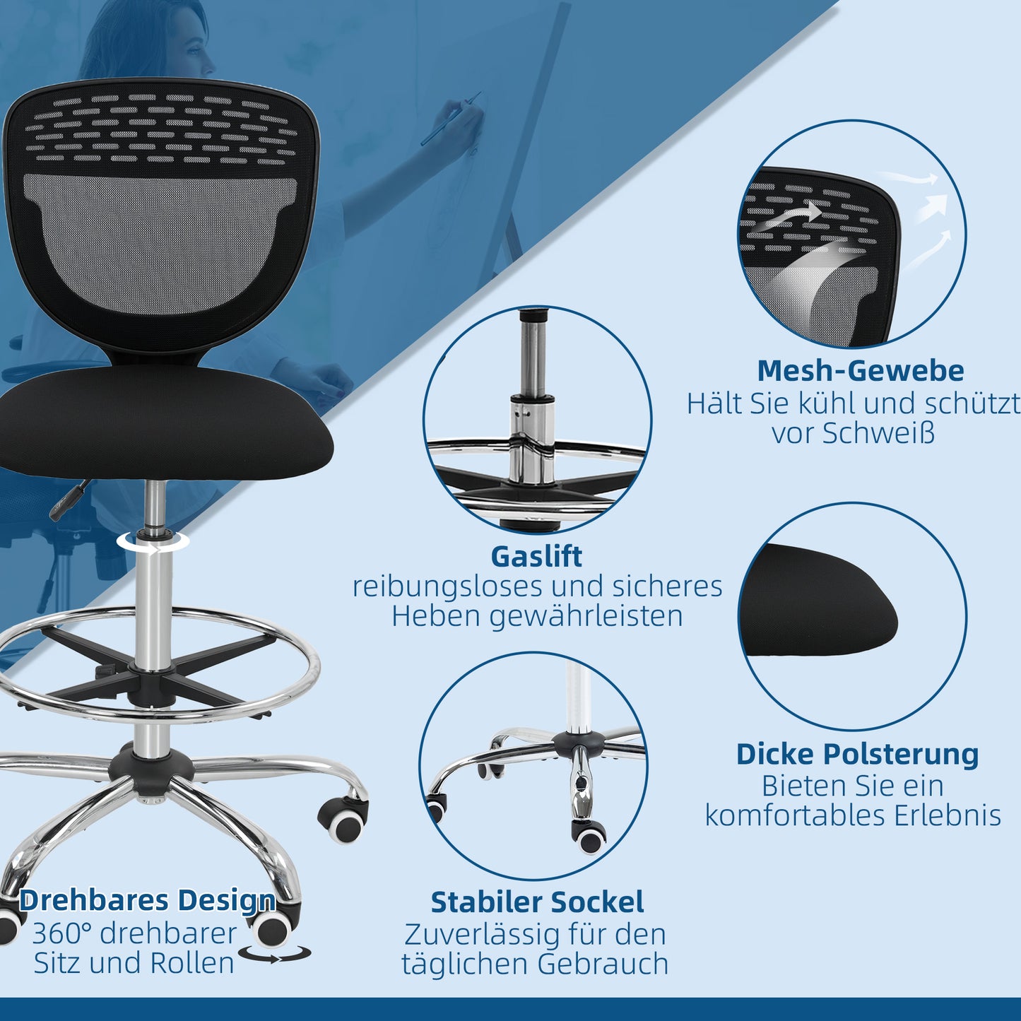 Vinsetto Bürostuhl, Arbeitsstuhl, Schreibtischstuhl, höhenverstellbar, gepolstert, Schwarz