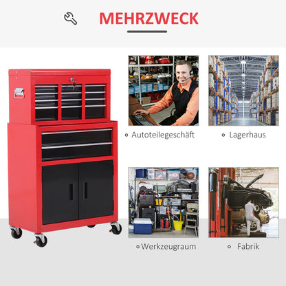HOMCOM Werkzeugschrank mit Werkzeugkiste, rollbar, 6 Schubladen, Metall, Rot