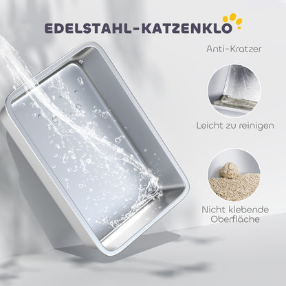 PawHut Katzentoilette, Edelstahl, XL-Innenraum, mit Schaufel, Hellgrau
