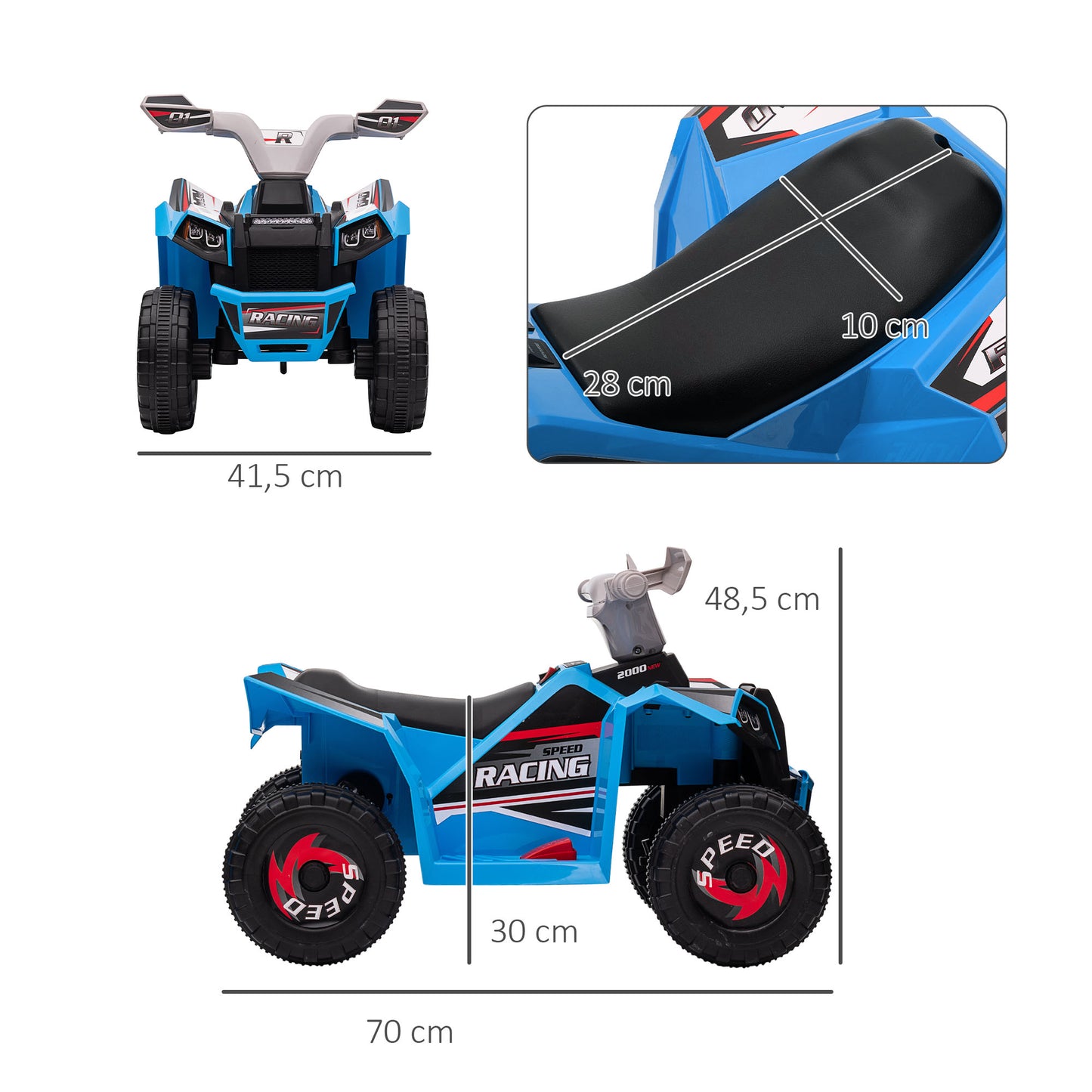 HOMCOM Elektro-Kinderquad, 2,5 km/h, Vorwärts- & Rückwärtsgang, für 18-36 Monate, Blau
