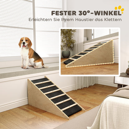 PawHut Haustiertreppe, Hundetreppe, Kiefernholz, Anti-Rutsch-Beschichtung, 90 cm x 40 cm x 45 cm, Natur + Grau