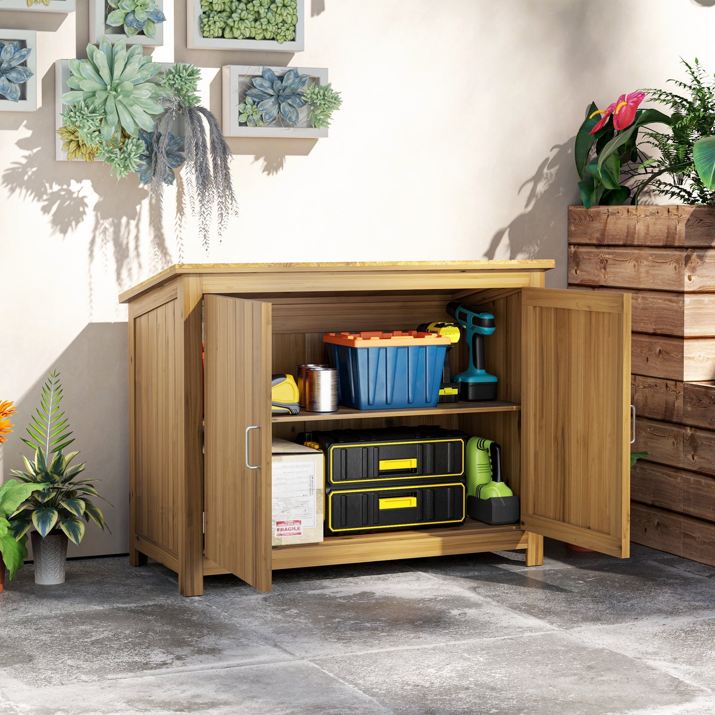 Outsunny Gartenschrank, Holzkommode mit 2 Regalen für Garten, Terrasse, Wetterfest, 110 x 50 x 85 cm, Braun