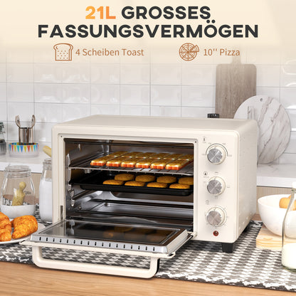 HOMCOM Minibackofen, Backofen kleine 21 L Toasterofen mit 1 Drahtgestell und 1 Backblech, 3 Kochmodi, 100 °C-230 °C, Edelstahl, Glas, Cremeweiß