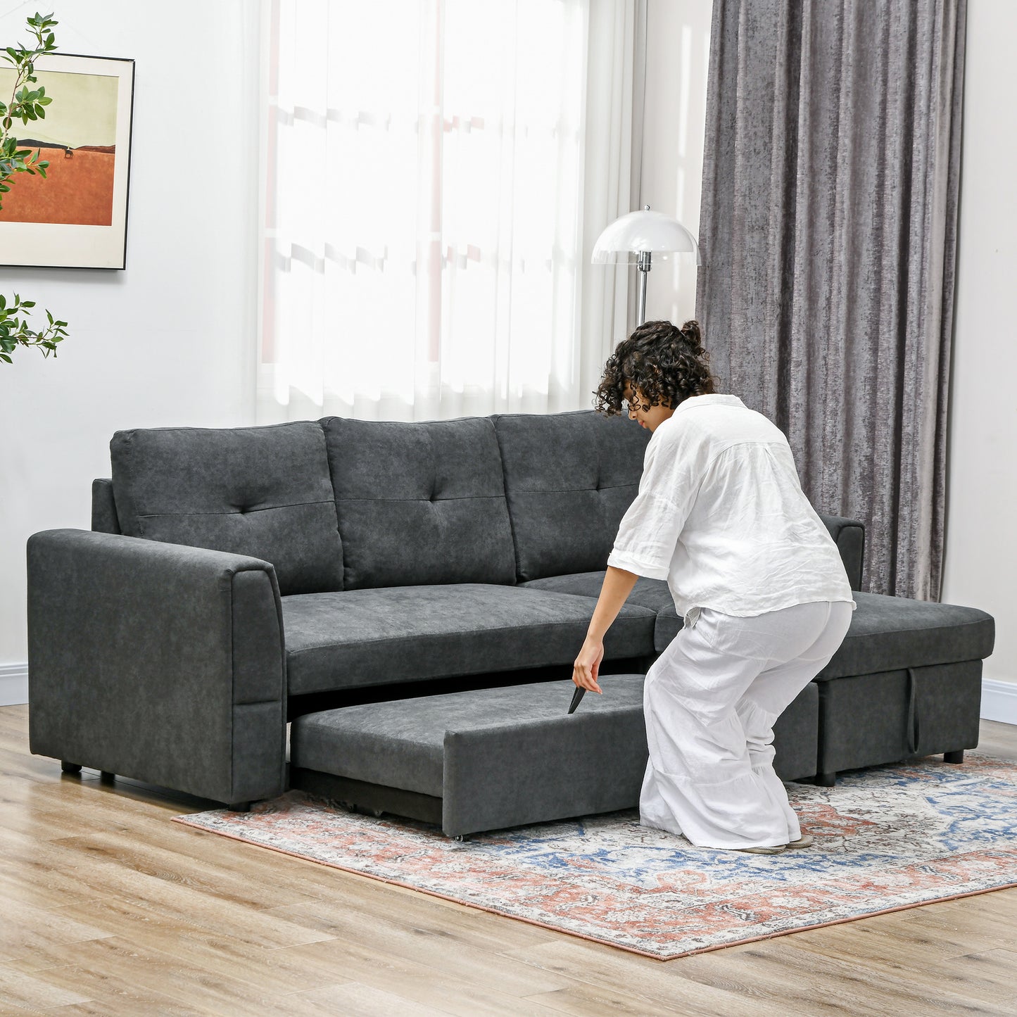 HOMCOM 3-Sitzer-Sofa mit Bettfunktion, Schlafsofa mit Chaiselongue, Polstersofa, Dunkelgrau