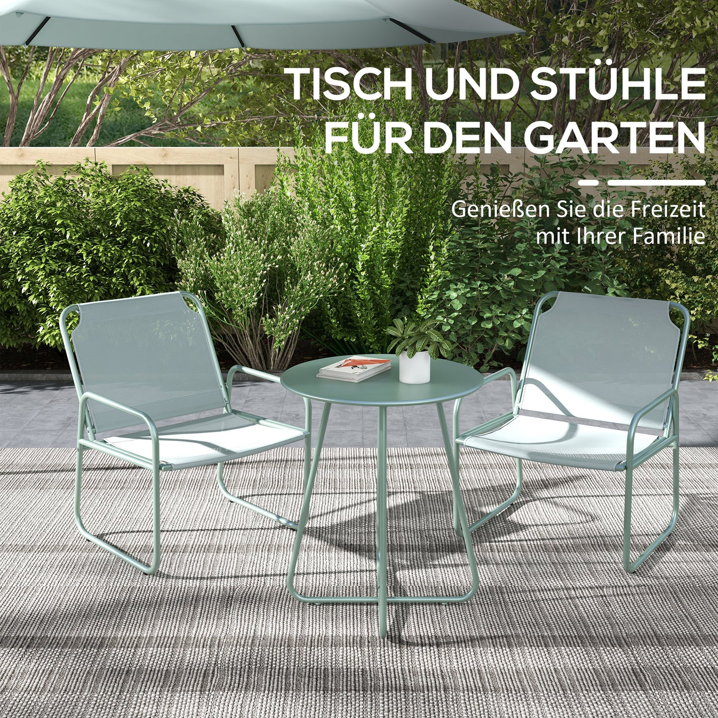 Outsunny 3-teiliges Gartenmöbelset, 2 Stühle mit atmungsaktivem Stoffbezug, 1 runder Tisch Ø60 cm, Grün