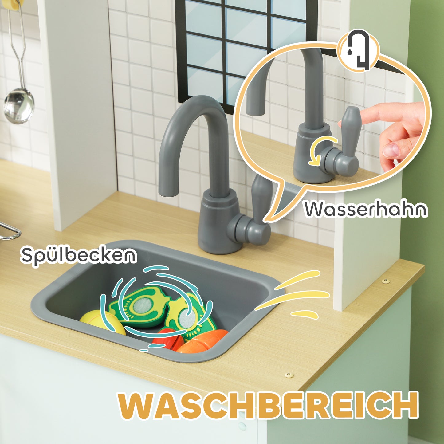 AIYAPLAY Spielküchen-Set, Kinderküche zum Spielen mit Mikrowelle, Herd und Backofen, Kochutensilien, MDF, Edelstahl, Blau