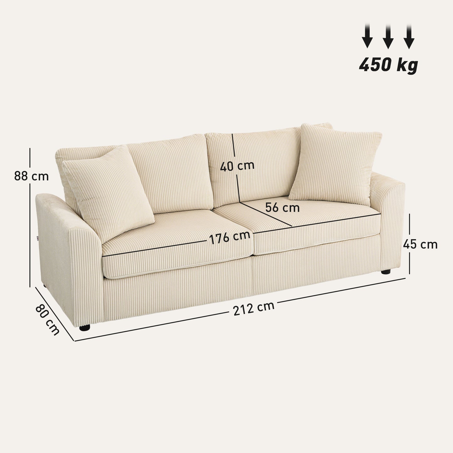 HOMCOM 3-Sitzer-Sofa mit Zierkissen, Cordsofa für Wohnzimmer, Schlafzimmer, 212 cm breit, Cremeweiß