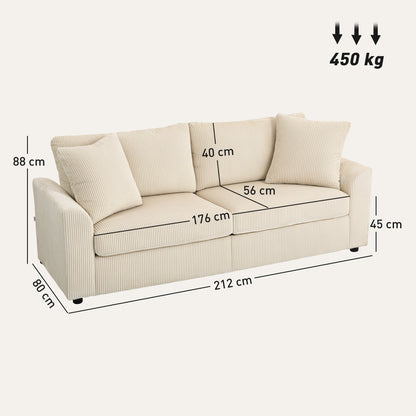 HOMCOM 3-Sitzer-Sofa mit Zierkissen, Cordsofa für Wohnzimmer, Schlafzimmer, 212 cm breit, Cremeweiß