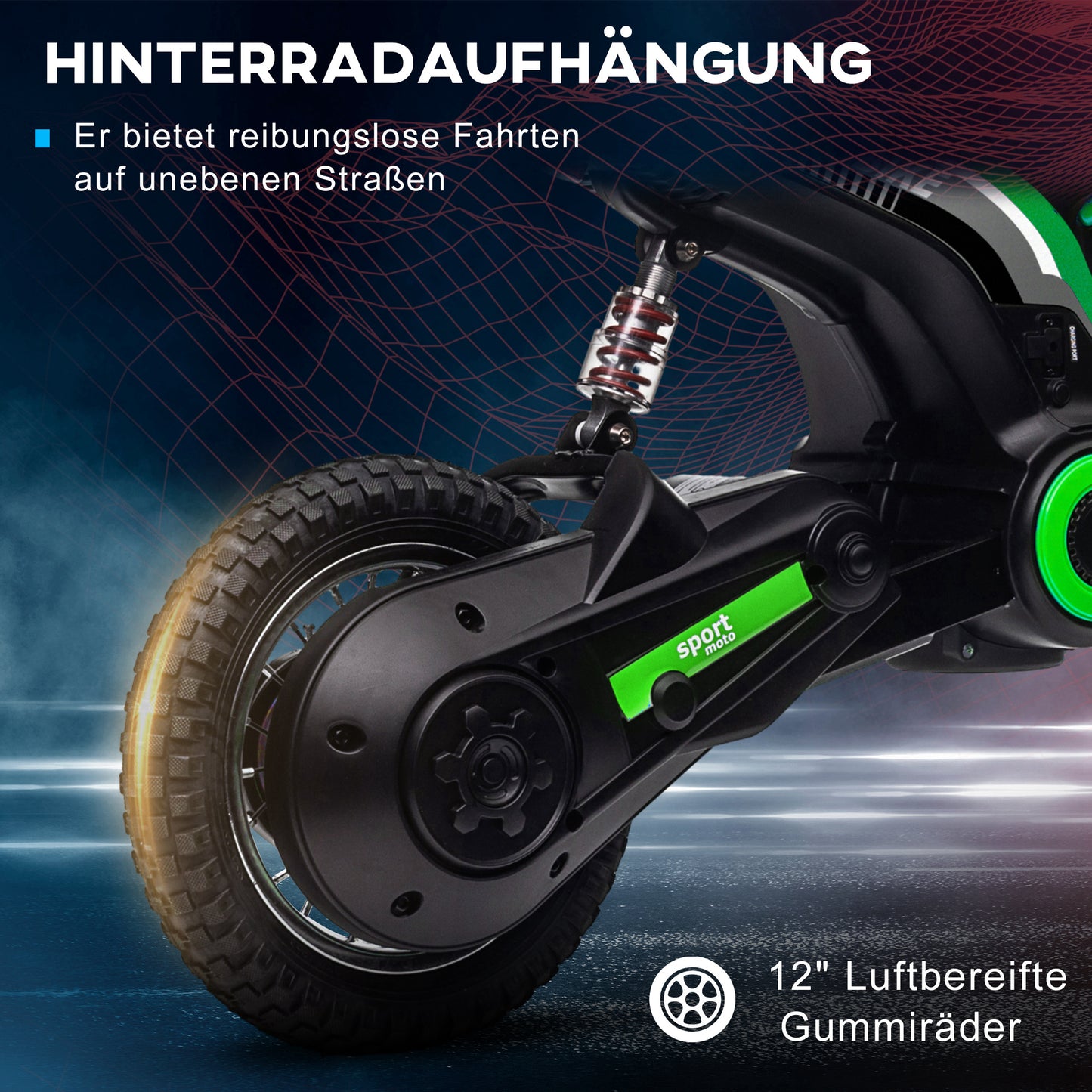 HOMCOM Elektro-Kindermotorrad, 24V Motor, einstellbare Geschwindigkeit, Musik & Lichter, Grün