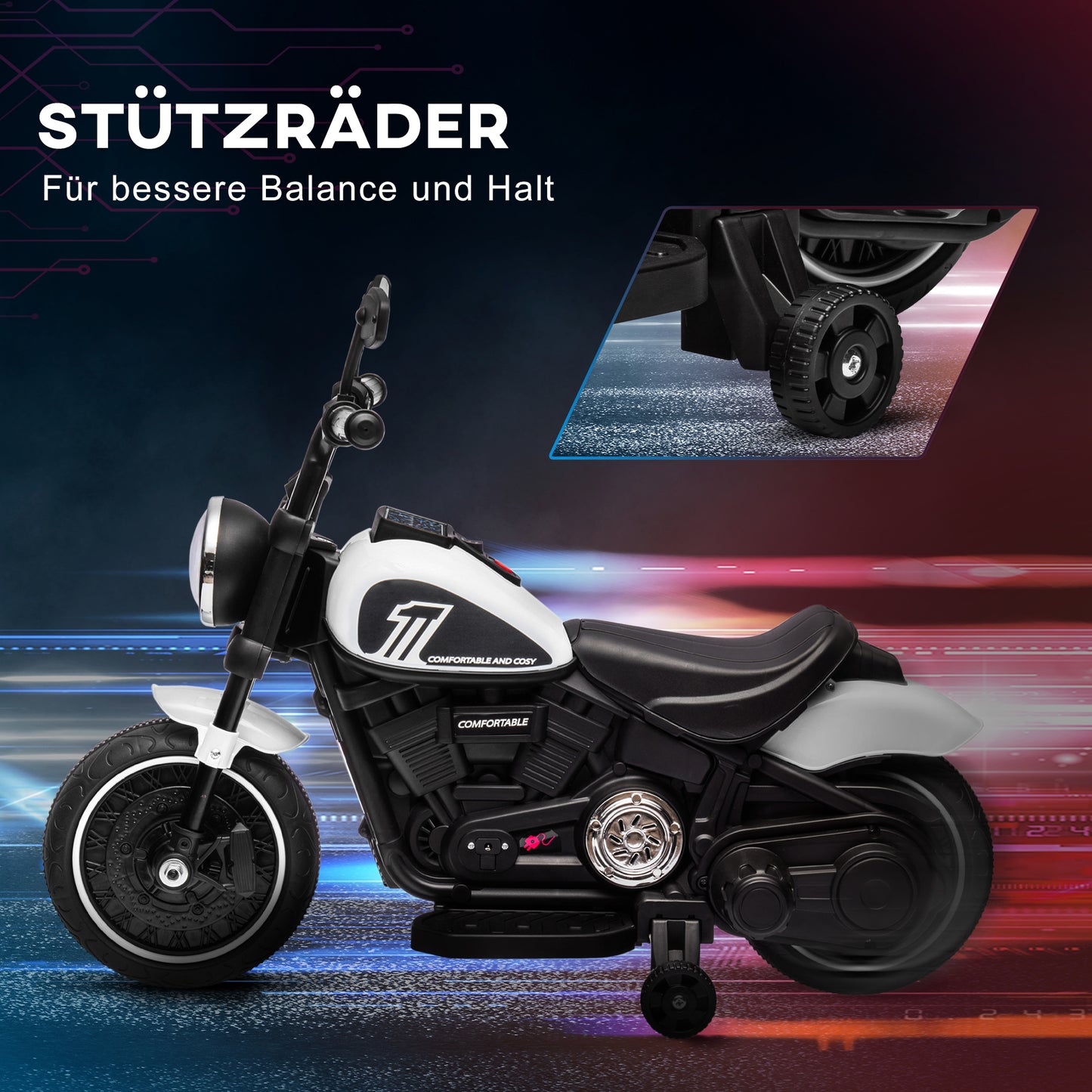 HOMCOM Elektro-Kindermotorrad, LED-Scheinwerfer, abnehmbare Stützräder, bequemer Sitz, Rot/Schwarz