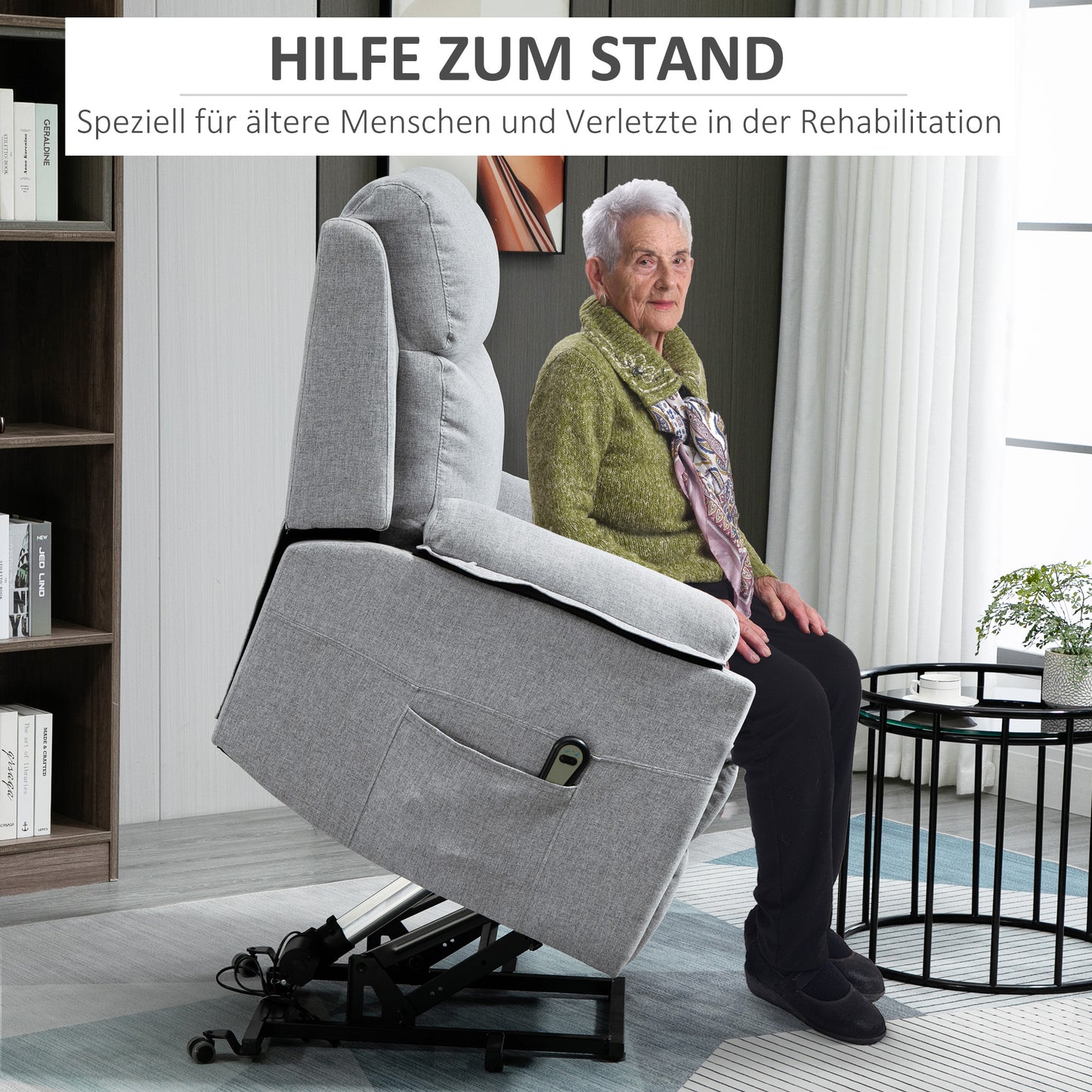 HOMCOM Relaxsessel mit Aufstehhilfe, elektrisch, Liegefunktion, Fernbedienung, Taschenfederkern, bis 120 kg, Grau