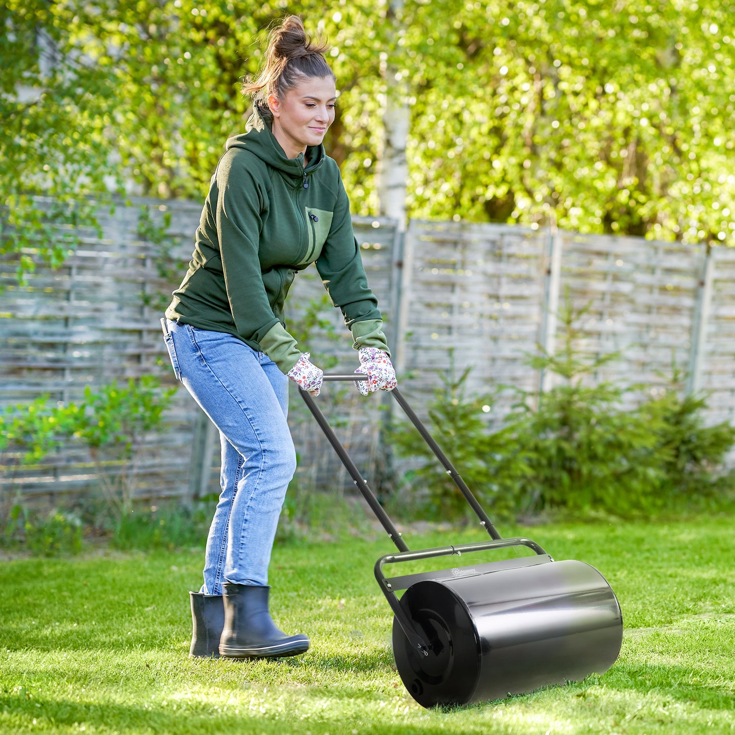 Outsunny Rasenwalze mit U-Griff, Gartenwalze, Gartenrolle, 32 cm Durchmesser, 38 L Wasser-/62 kg Sand, Metall, Schwarz, 58 x 32,5 x 113 cm