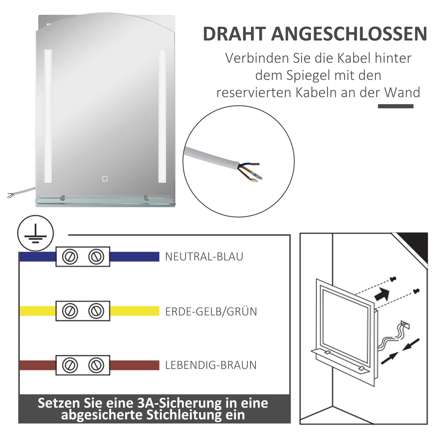 kleankin Badezimmerspiegel mit LED-Beleuchtung, elegant und hochwertig, Glas, Aluminium, Kunststoff, 50L x 12B x 70H cm