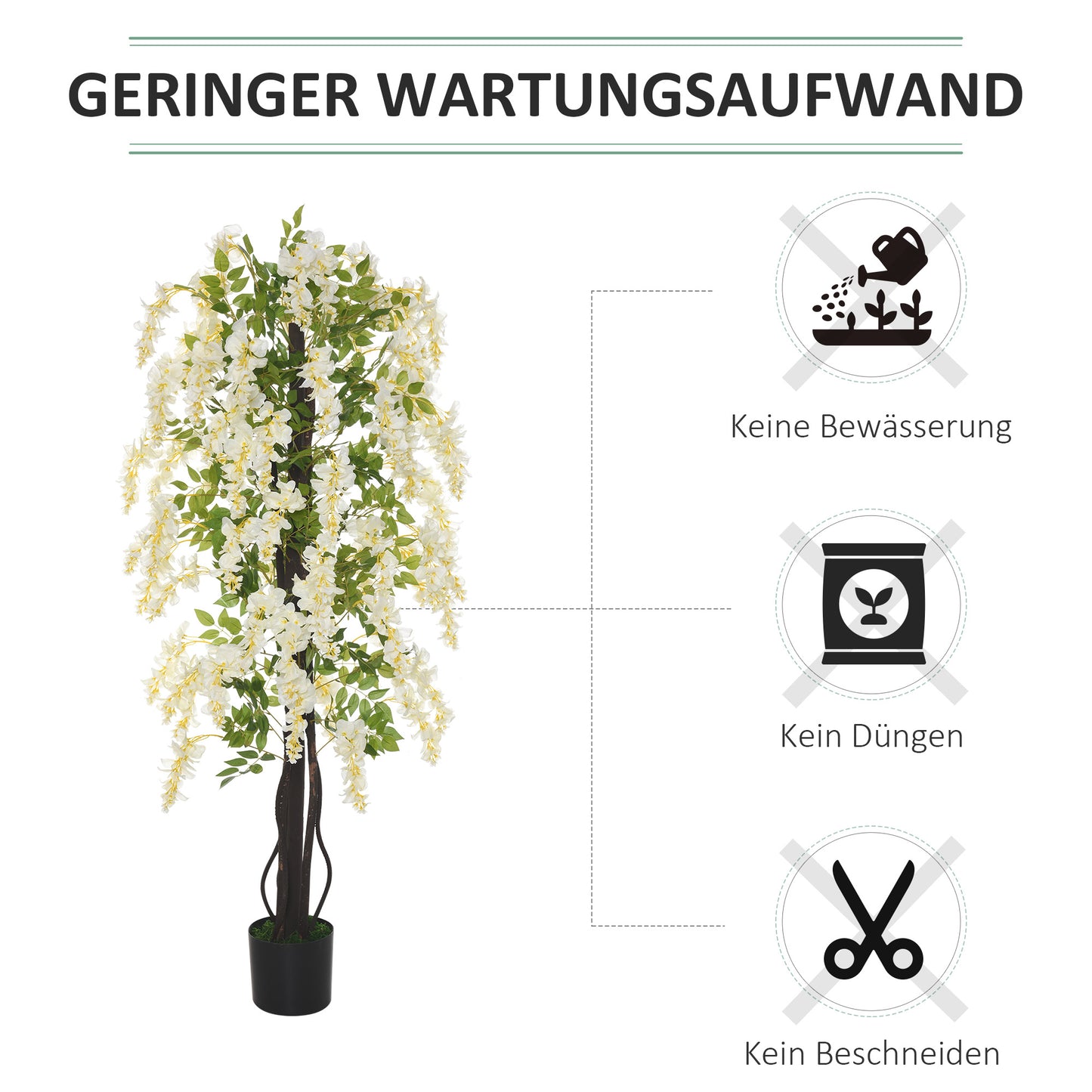 Outsunny Künstliche Glyzinien groß 165cm Kunstpflanze, Plastik Künstliche Pflanzen Kunstblumen im Topf, Fake Plant wie echt für Büro Wohnzimmer Schlafzimmer Moderne Dekoration Geschenk