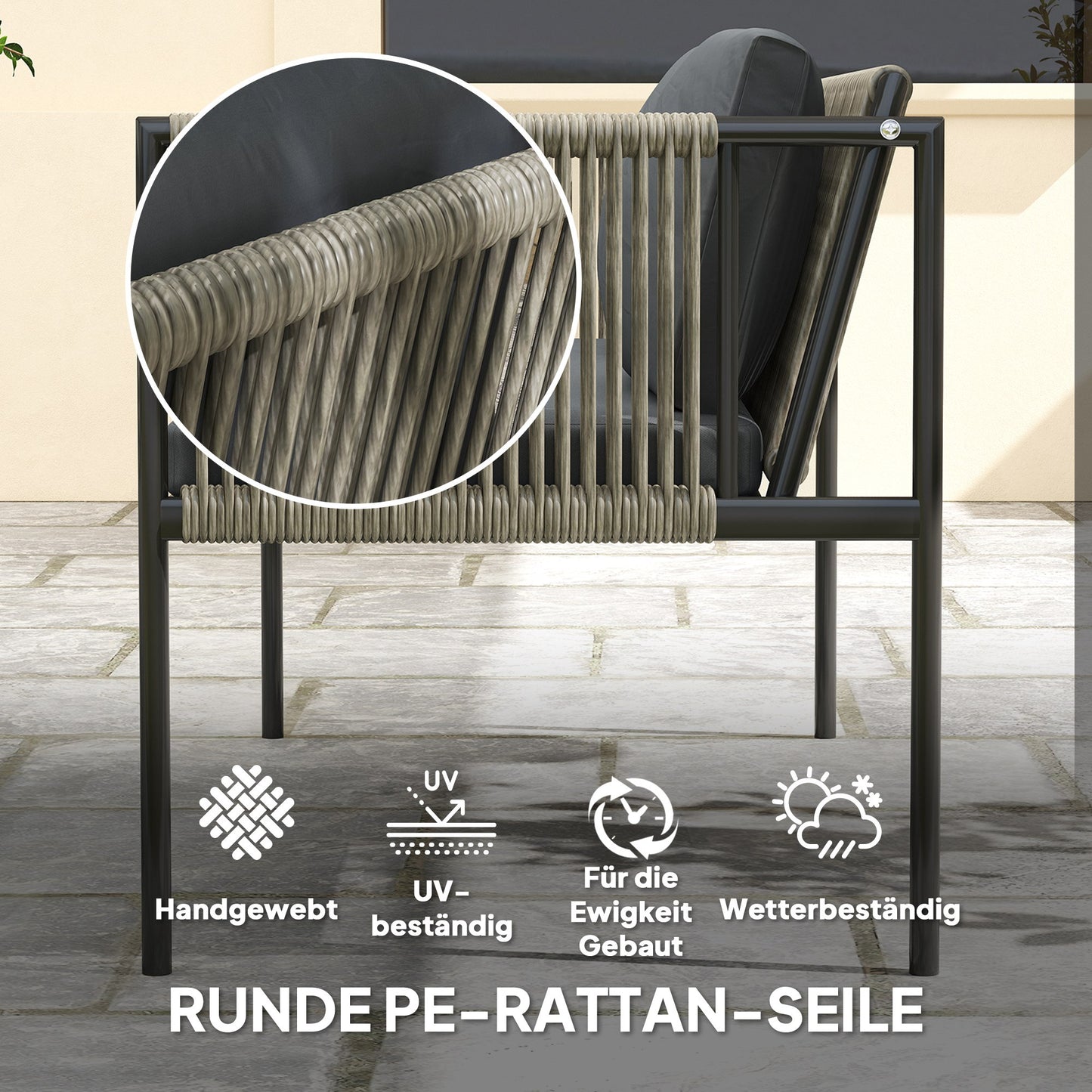 Outsunny 4-teiliges Gartenmöbel-Set, 1 Sofa, 2 Sessel, 1 Tisch mit Glasplatte, Kissen, Stahlrahmen, Kunststoff-Rattan, Grau