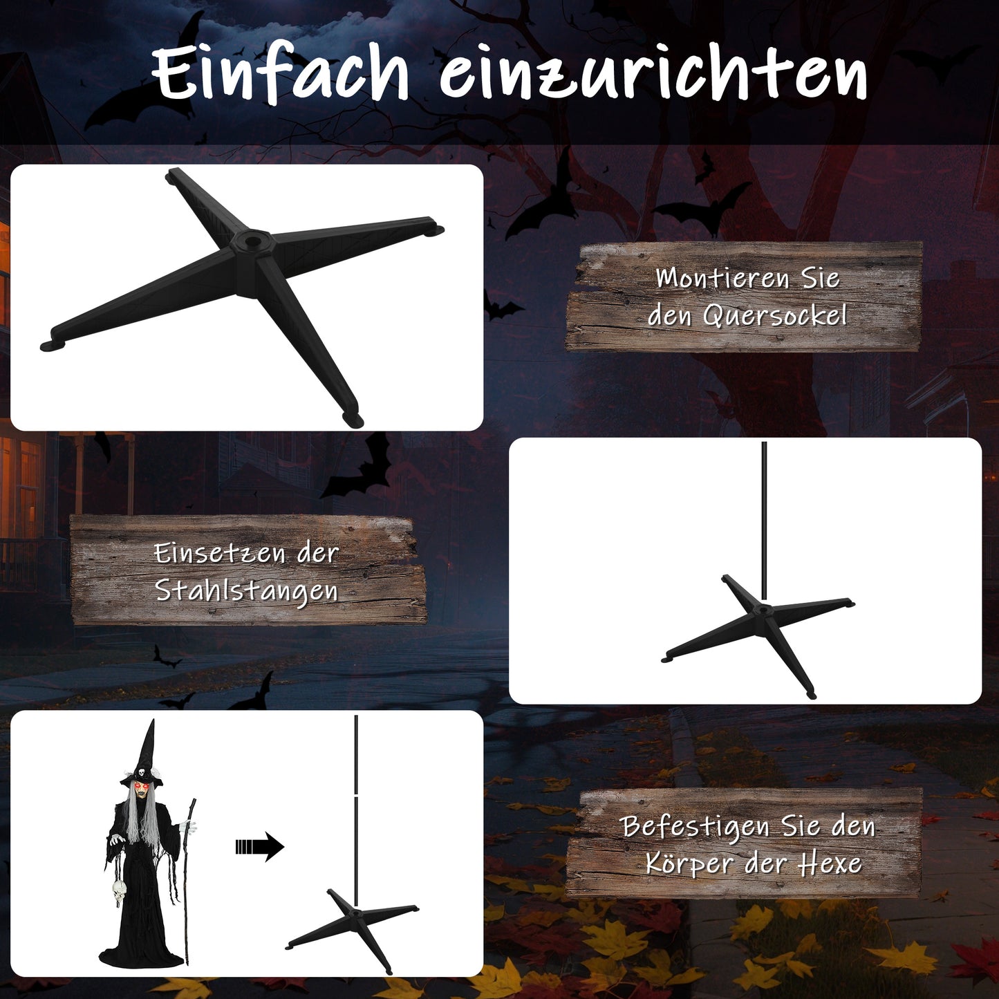 Outsunny 170 cm Halloween Dekoration Halloween Hexe mit LED-Lichter, Soundfunktion verstellbare Arme, Kopf