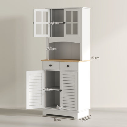 HOMCOM Küchenschrank mit Glastüren, 2 Schubladen, Geschirrschrank, Esszimmerschrank, Holz, 68 x 39,5 x 170 cm, Weiß