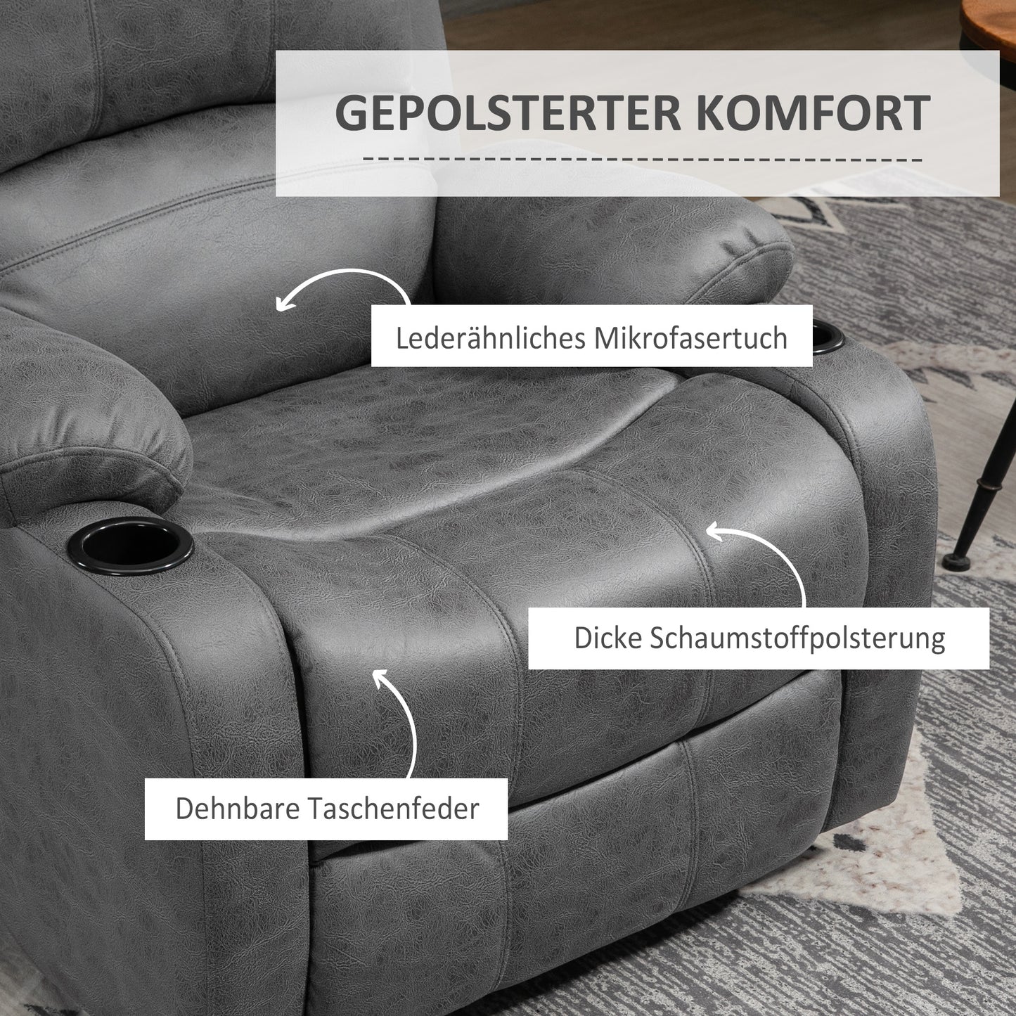 HOMCOM Relaxsessel mit Fußstütze und Liegefunktion, inkl. Getränkehalter, Fernsehsessel, 87 cm x 95 cm x102 cm, Grau