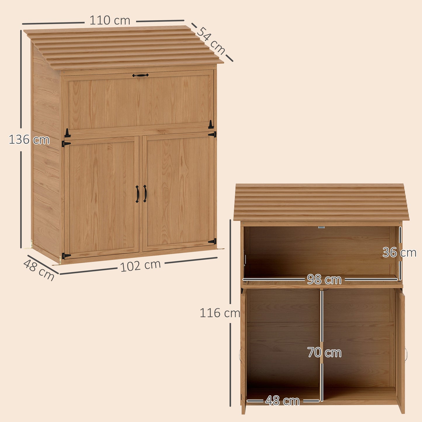 Outsunny Garten-Aufbewahrungsschrank mit ausklappbarem Tisch, Werkzeugschrank mit Dach, 110 x 54 x 136 cm, Tannenholz, Braun
