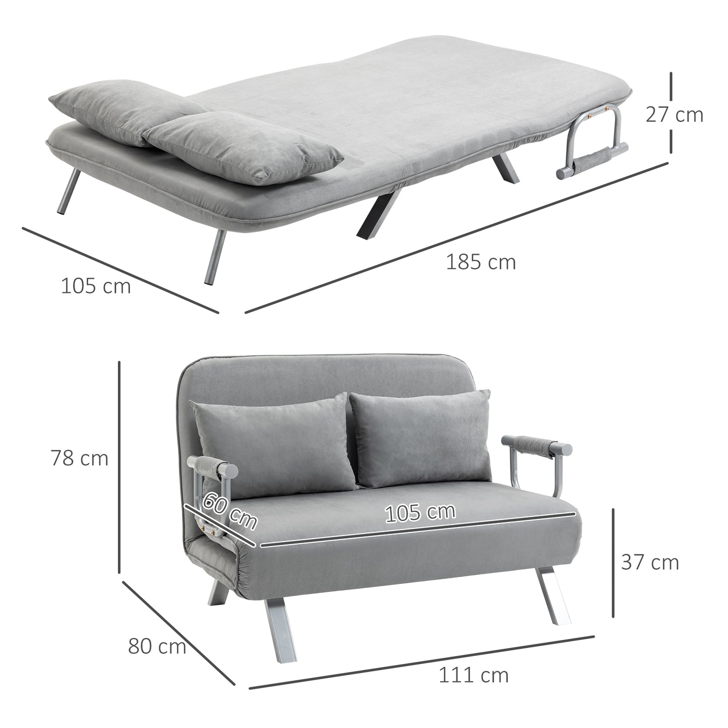 HOMCOM Schlafsofa, Doppelsofa, Gästebett, inklusive 2 Kissen, Grau