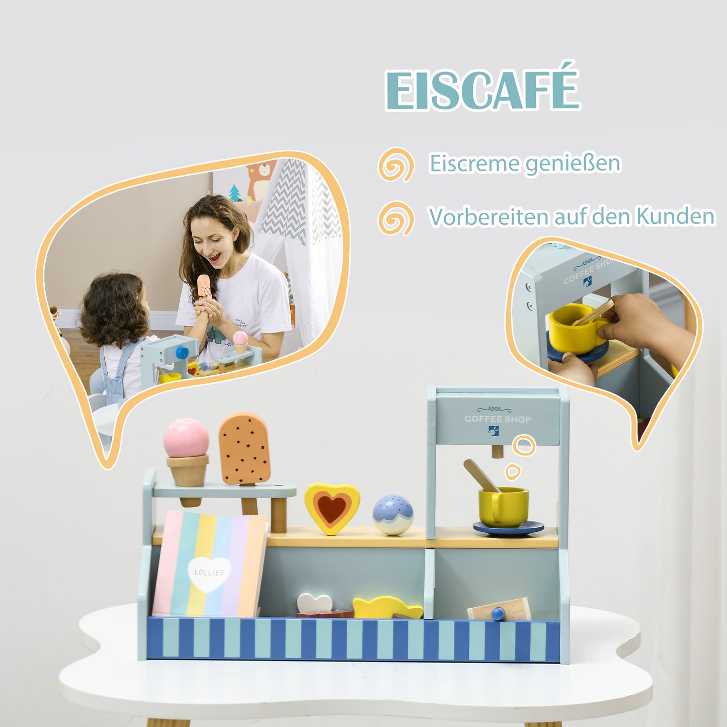AIYAPLAY Spiel-Eisladen für Kinder, Eiscreme-Stand, viel Zubehör, fördert Fantasie und Motorik, Hellblau