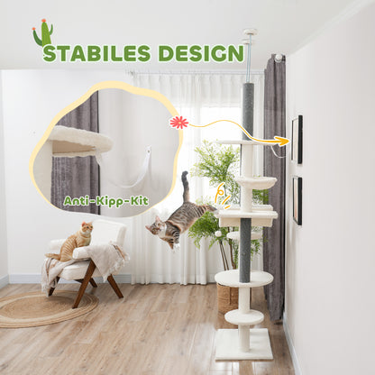 PawHut Kratzbaum, deckenhoch, verstellbar 225-255 cm, Plattformen &amp; Hängematten, Kippschutz, Weiß