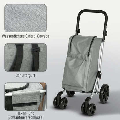 HOMCOM Einkaufstrolley, 46 Liter Tasche, Faltbarer Einkaufswagen mit Kühltasche, verstellbarer Griff, Aluminiumrahmen, Grau