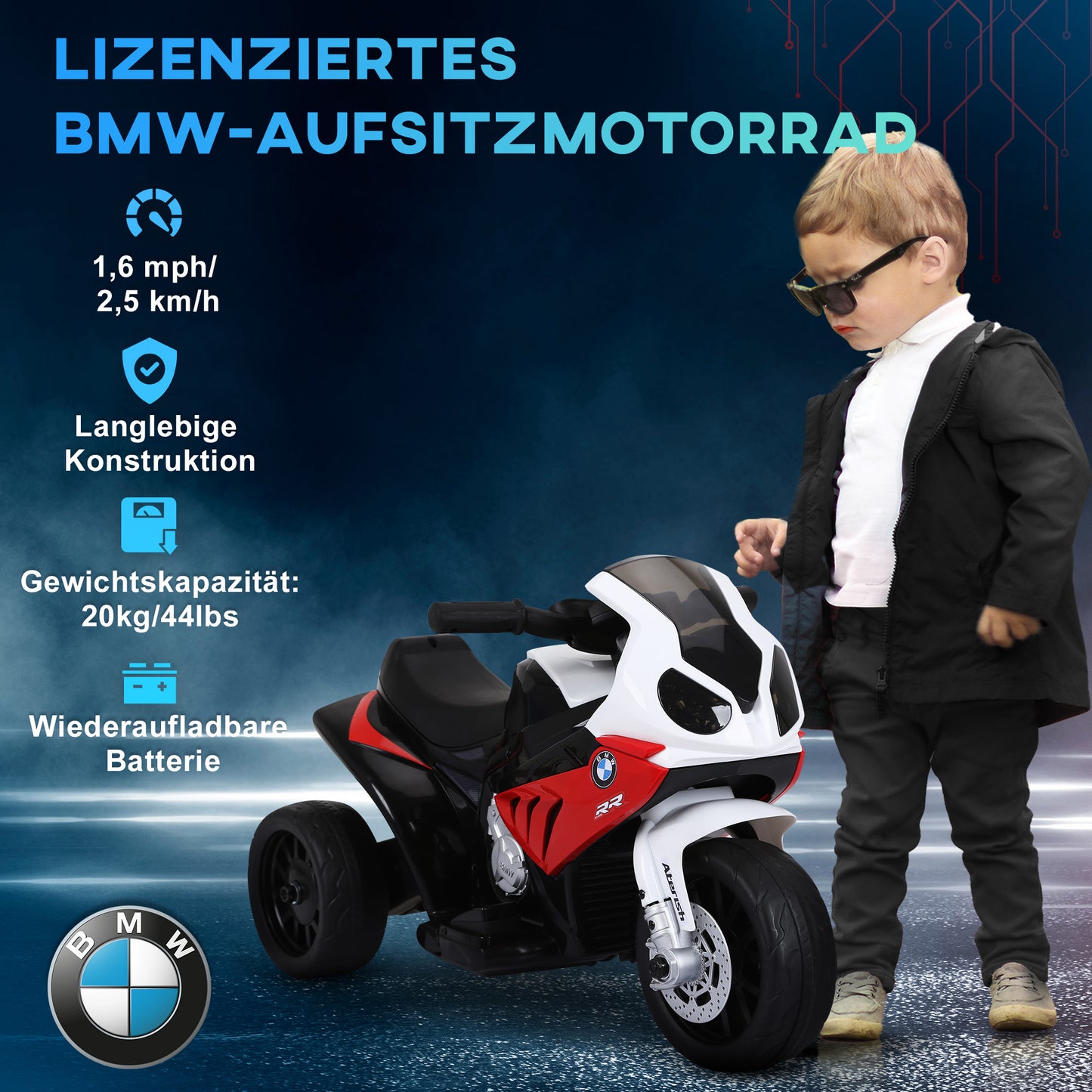 HOMCOM Elektro Kindermotorrad BMW S1000RR Elektromotorrad mit Musik, Scheinwerfer, Kinder Elektro Motorrad für Kinder von 18-36 Monaten Rot