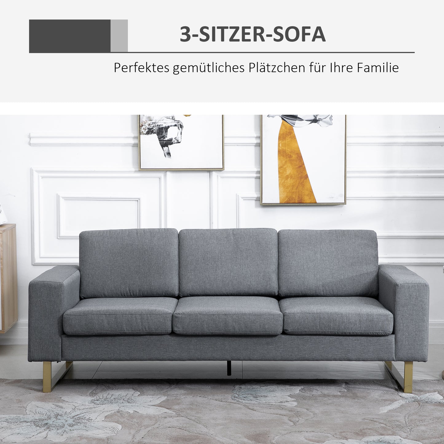 HOMCOM 3 Sitzer Sofa Dreisitzer Stoffsofa mit Kissen Armlehne Leinenoptik für Schlafzimmer 200 x 82 x 78 cm Dunkelgrau