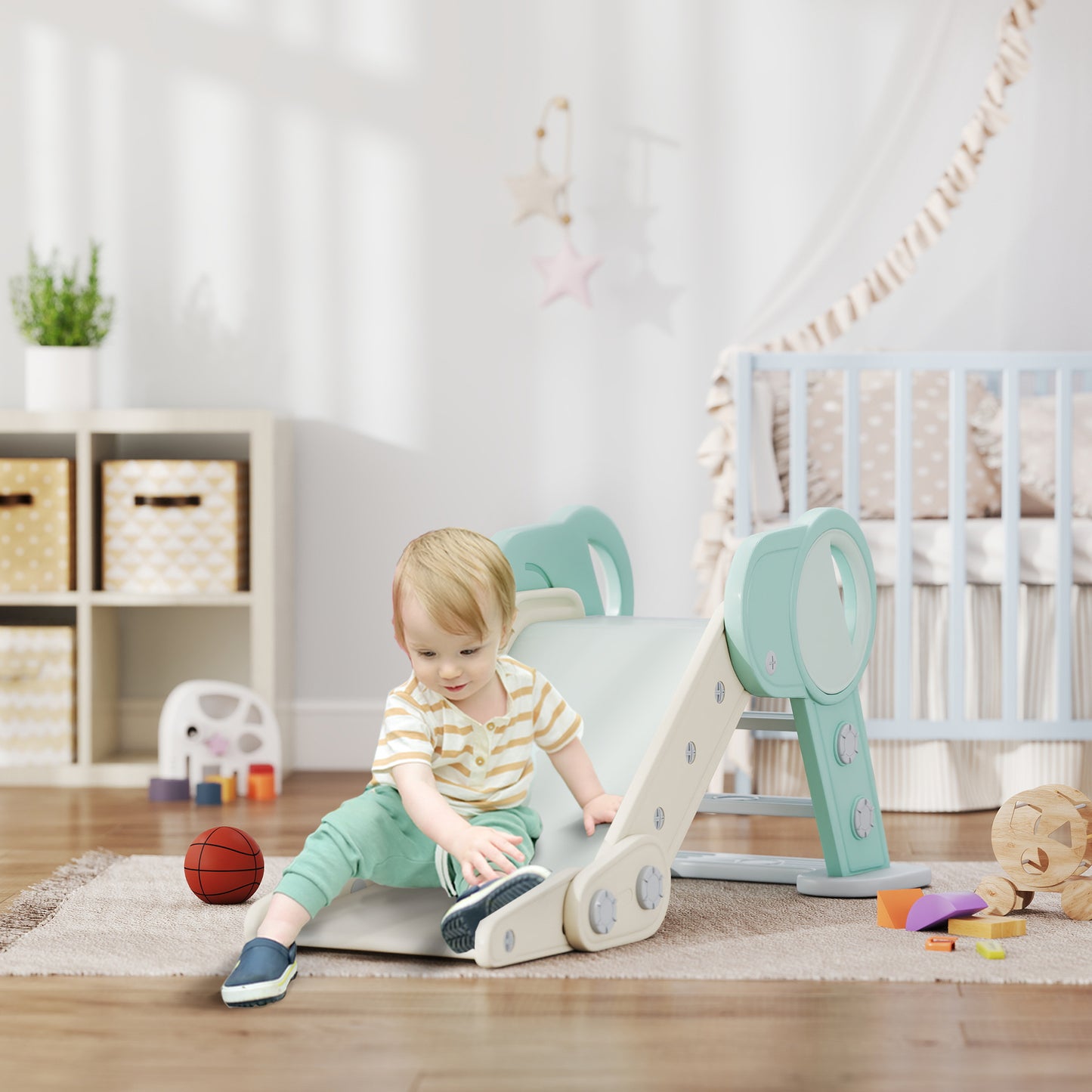 AIYAPLAY Rutsche für Kleinkinder, klappbar, Indoor, rutschfeste Stufen, erhöhter Sicherheitsrand, grün