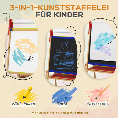 AIYAPLAY 3-in-1 Kindermalstaffelei, Kreidetafel, Whiteboard, Papierrolle, inklusive Zubehör, Kiefernholz, verstellbar