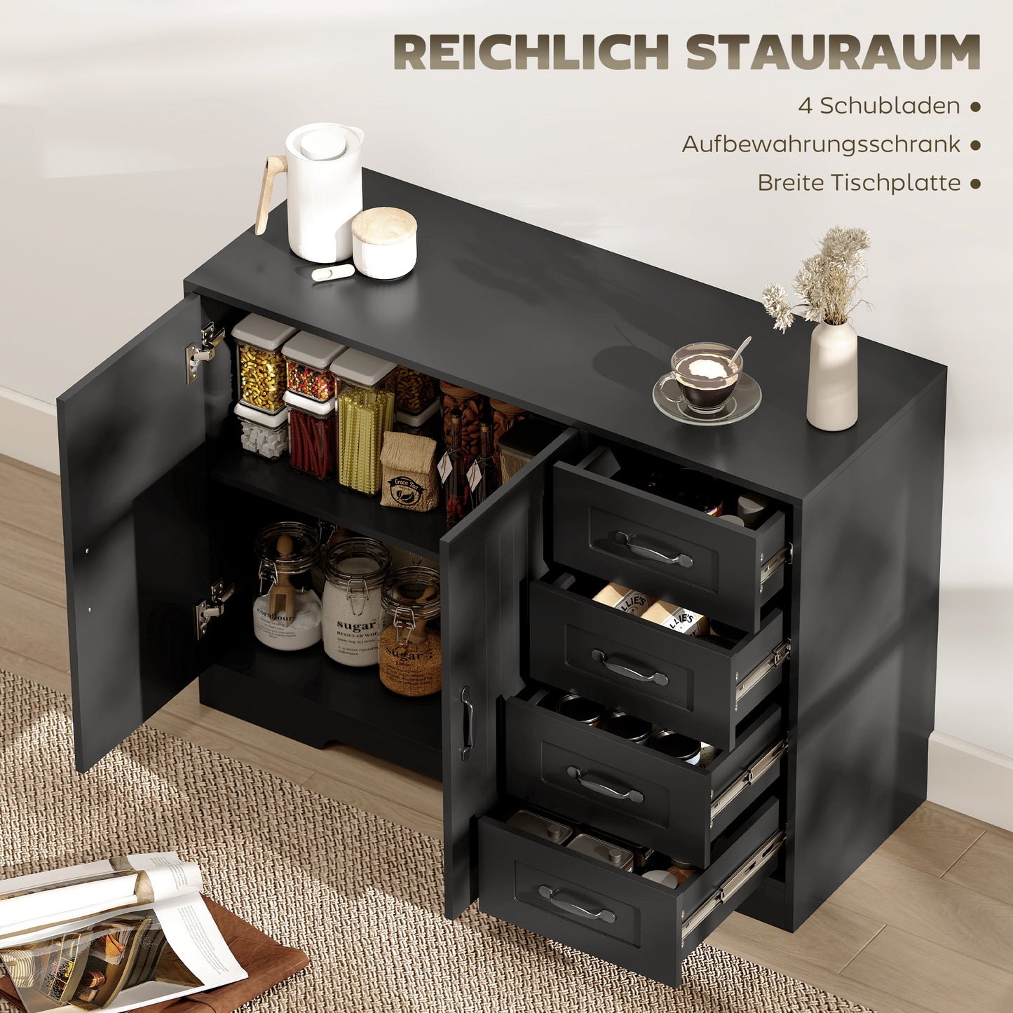 HOMCOM Sideboard, Kommode, moderner Stil, 4 Schubladen, 1 Schrank, 105 x 40 x 76 cm, Schwarz